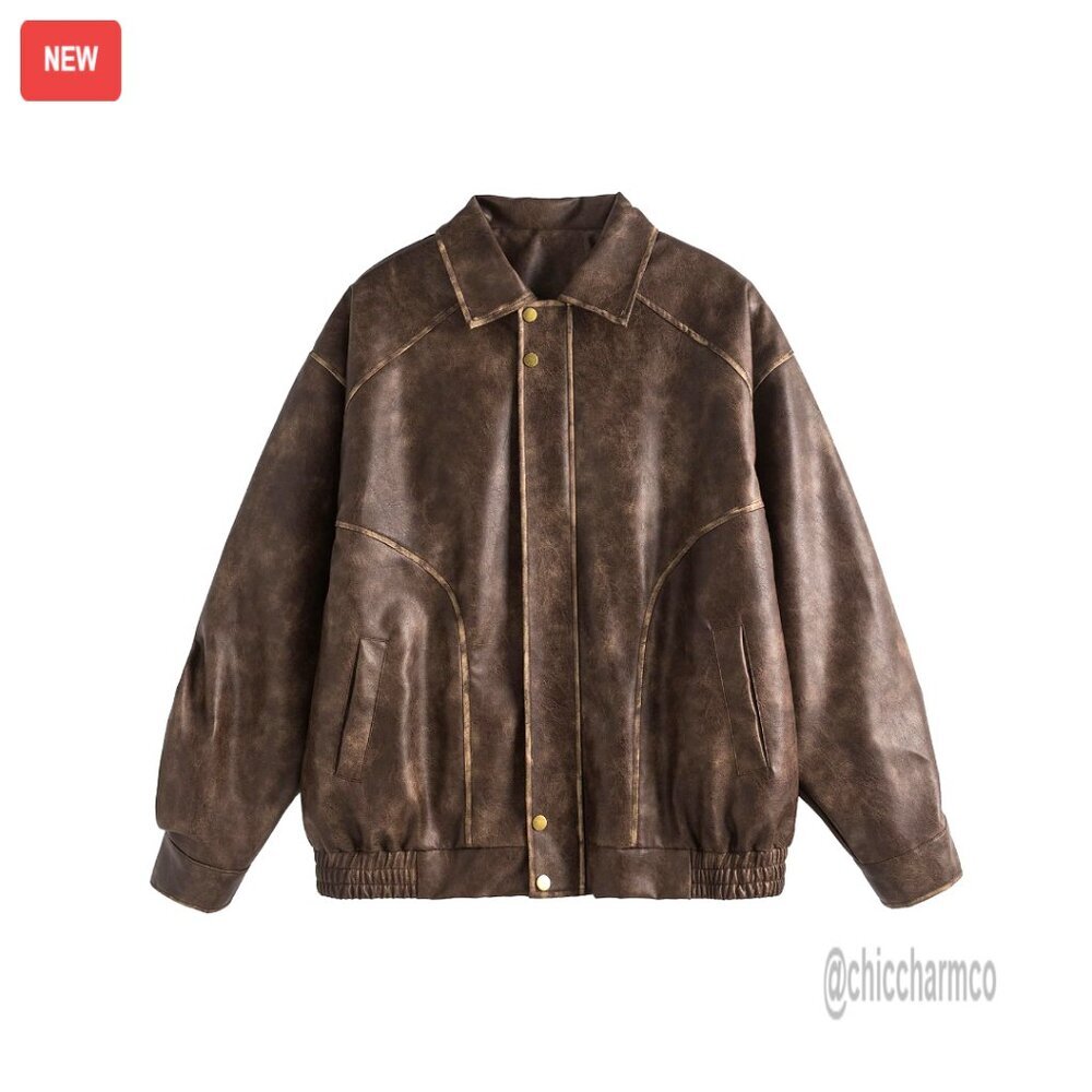 Oversized Faux Leather Motorcycle Jacket Vintage Y2K Style